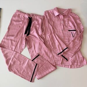 Victoria Secret Pink Striped Satin Pajama Set with Black Trim Sz M